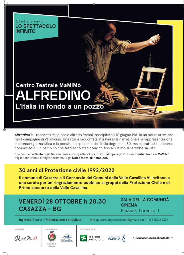 L'Amministrazione comunale, insieme al Consorzio Servizi e ai Comuni della Val Cavallina, ha organizzato venerdì 28 ottobre alle ore 20.30 presso la Sala della Comunità la rappresentazione dello spettacolo dal titolo 